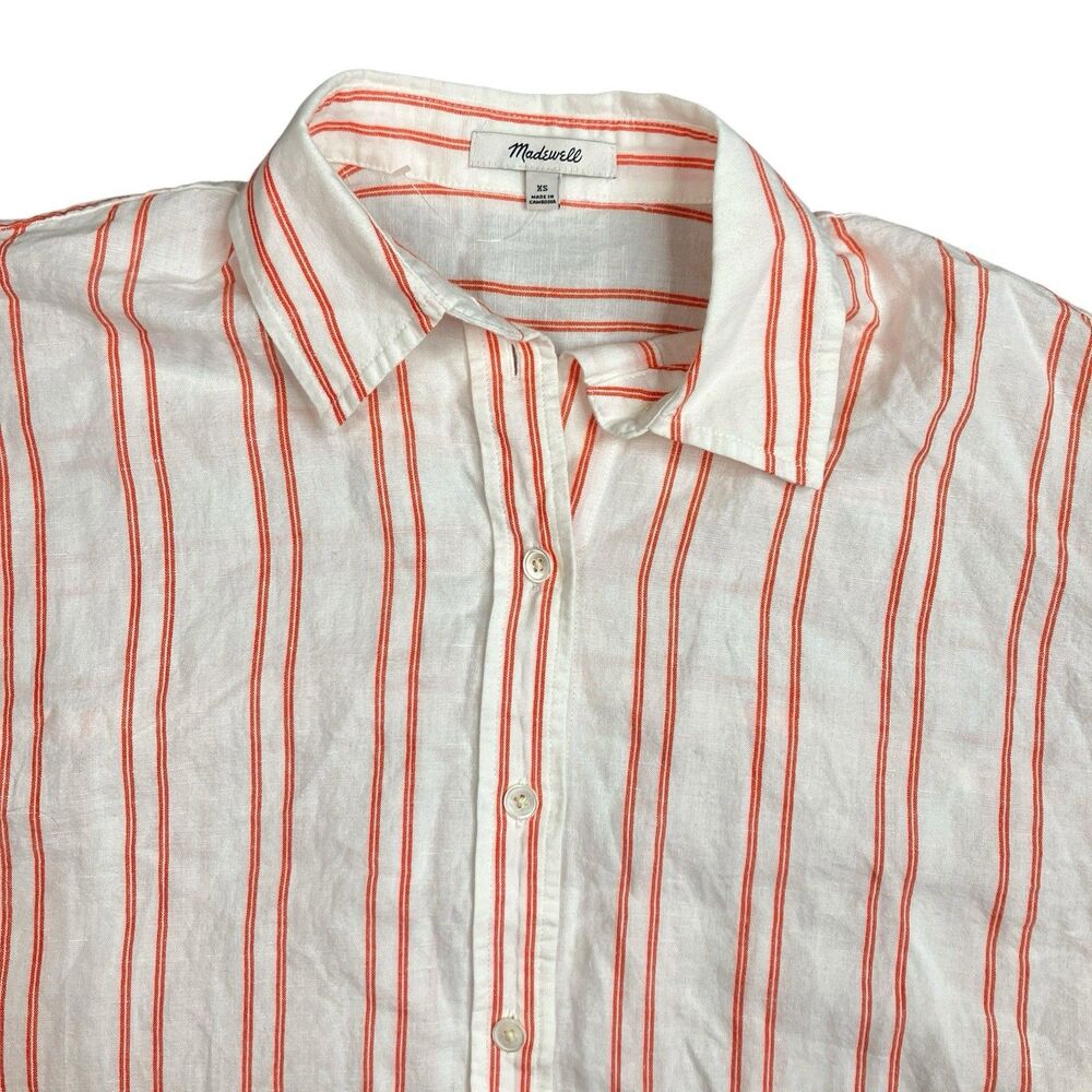 Madewell Button Up Shirt Womens XS Orange White Linen Striped Oversized NU621‎